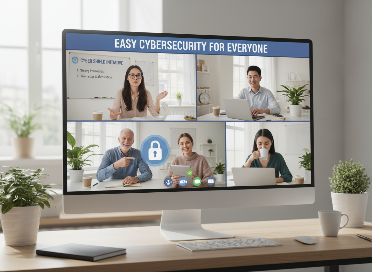 Calm online meeting discussing simple cybersecurity steps