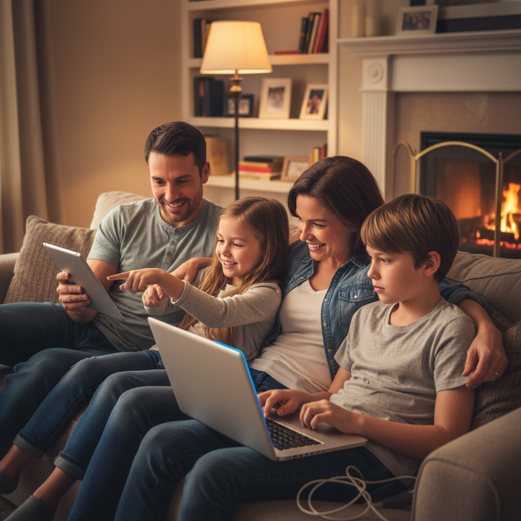 Family sitting together looking at a tablet and laptop safely