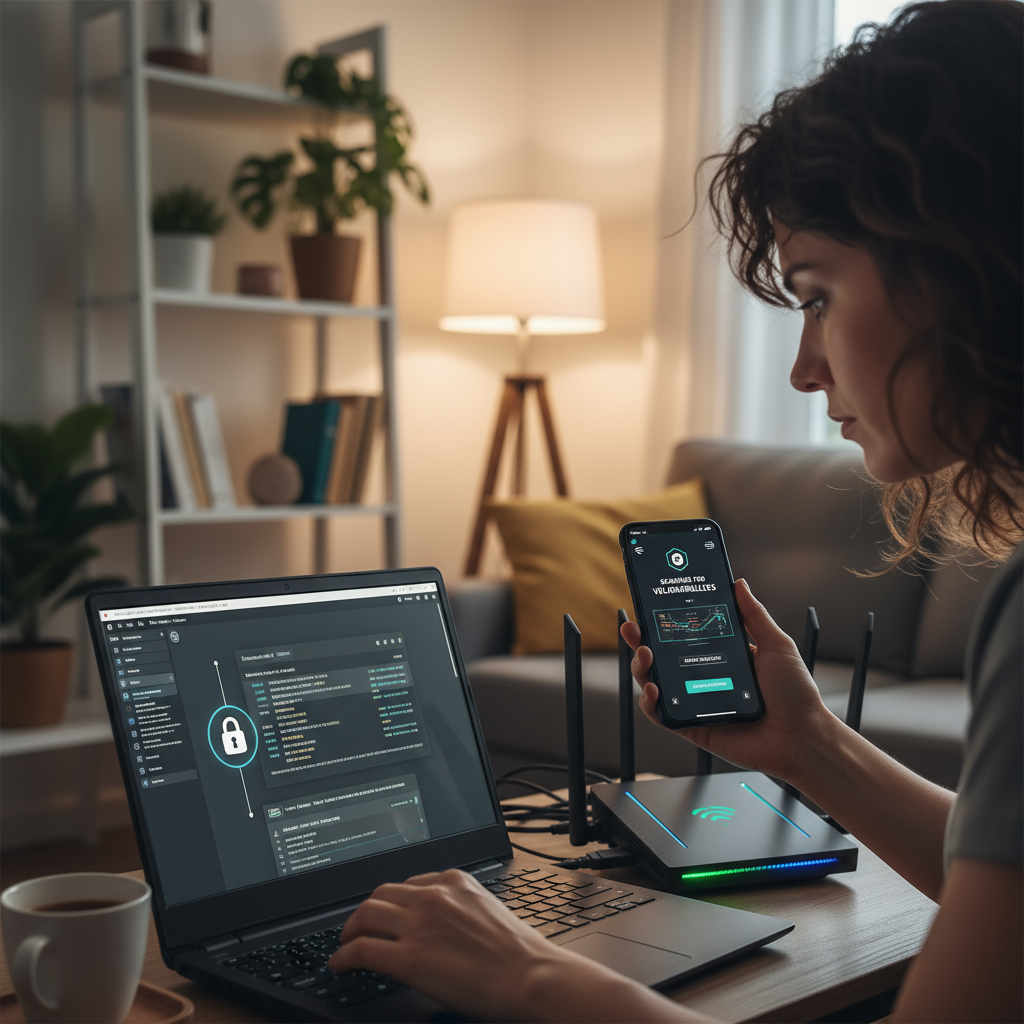 Person checking home Wi Fi router and laptop security