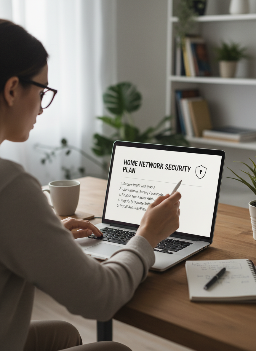 Person reviewing a simple cybersecurity plan on a laptop