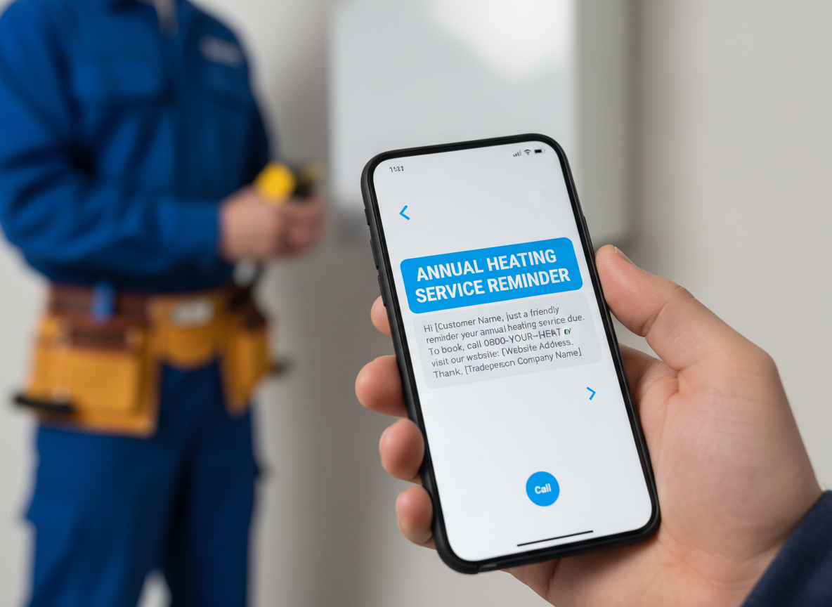 Tradesperson checking appointments while automated messages are sent to customers
