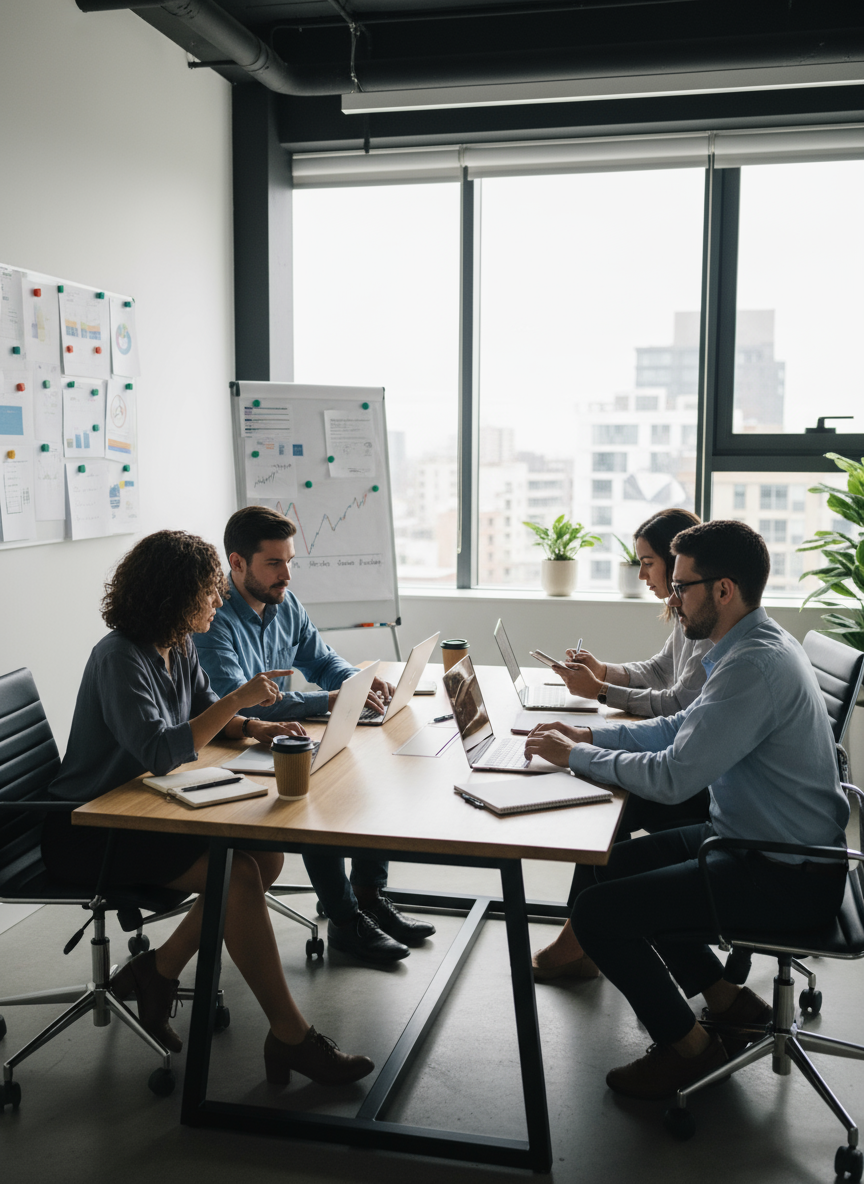 Small business team working together on laptops in an office