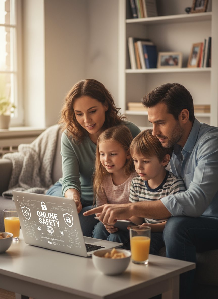 Family sitting together looking at a laptop and learning about online safety