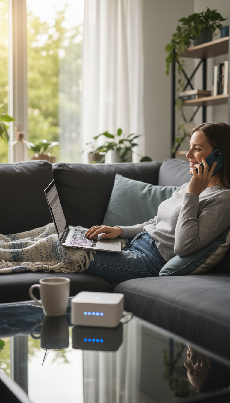 Person on a sofa using a laptop and phone on a home Wi Fi network
