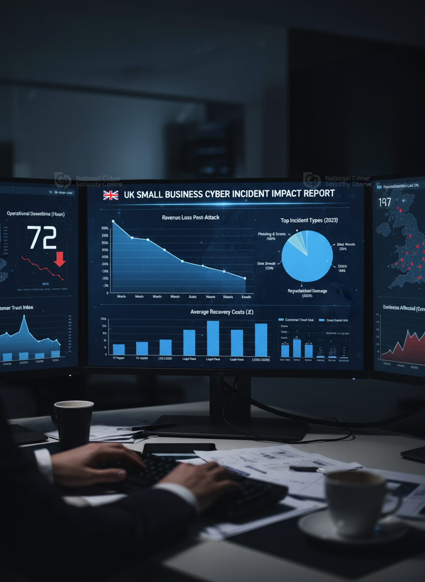 Graphs and dashboards showing the impact of cyber incidents on small businesses